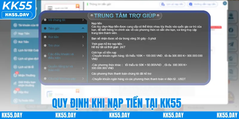 Nạp Tiền KK55 1 Quy định khi nạp tiền tại KK55